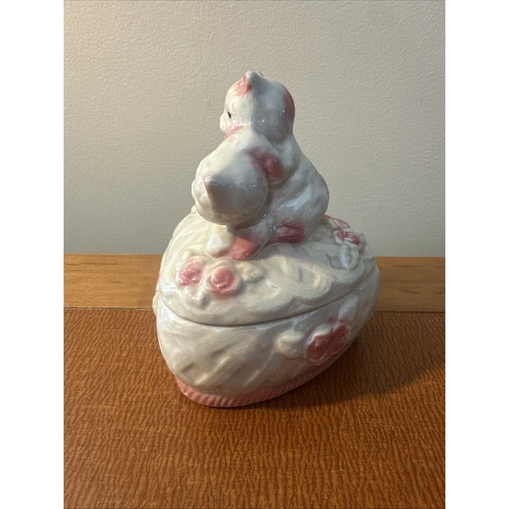 Vtg Lusterware Pink White Cat Kitten Heart Shaped Trinket Vanity Box Valentine's